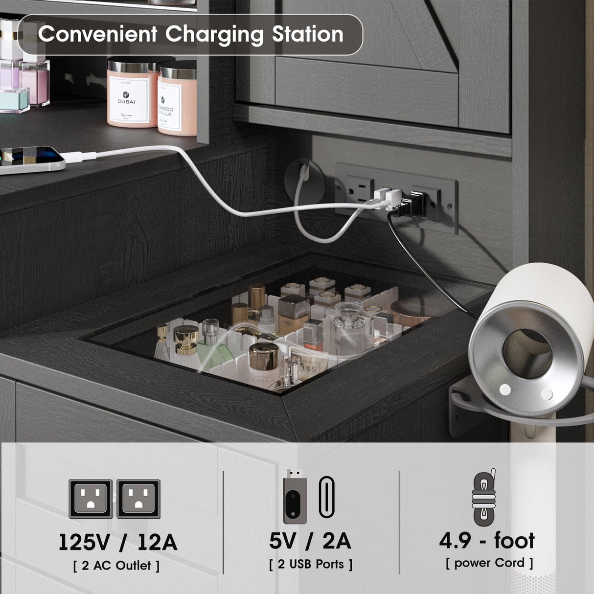 Fameill Vanity Desk with Mirror and Lights, Makeup Vanity Desk with Power Outlet, 2 Drawers & Storage, Vanity Table with Chair & Jewelry Cabinet, for Bedroom (Black) Fameill