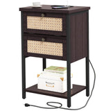 End Table with Charging Station, 2 Tier Rattan Decorated Nightstand with USB Ports and Outlets, Bedside Table with Drawer, Modern Sofa Side Table for Bedroom, Living Room, Office, Cherry Red NONGSHIM