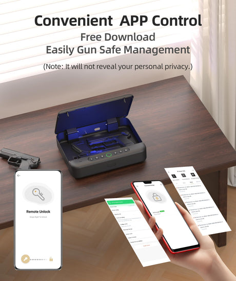 PINEWORLD Gun Safe, Biometric Gun Safes For Handgun, Pistol Safe With Fingerprint or Keypad, 4-Quick Access Unlock Gun Case for Firearm, Gun Lock Box For Nightstand Beside with APP Normal Size PINEWORLD