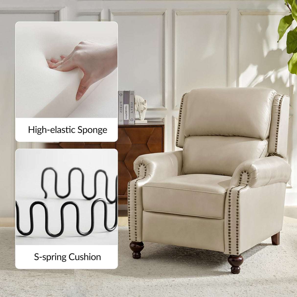 HULALA HOME Genuine Leather Recliner Chair, Classic and Traditional Push Back Recliner Chair for Living Room, Adjustable Leather Cigar Reclining Vintage with Nail Head Trim,Beige HULALA HOME