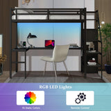 MAKIAAP Full Size Loft Bed with Desk and Wardrobe, Metal Heavy Duty Loft Bed Frames with Storage Stairs, LED Lights, Charging Station for Adults, Junior, Teens, Space Saving, Black (Full) MAKIAAP