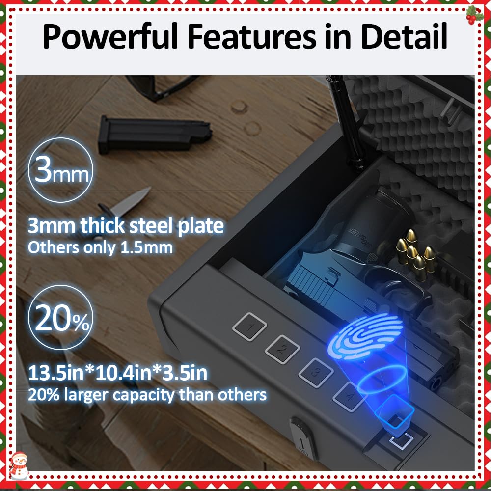 [ 20% Larger capacity ] Biometric Gun Safe for Handgun,Fingerprint Pistol Safe Box for Guns nightstand hidden gun storage for bedside Home Quick-Access large Ammunition Security Lock Box,Black XPEDITION