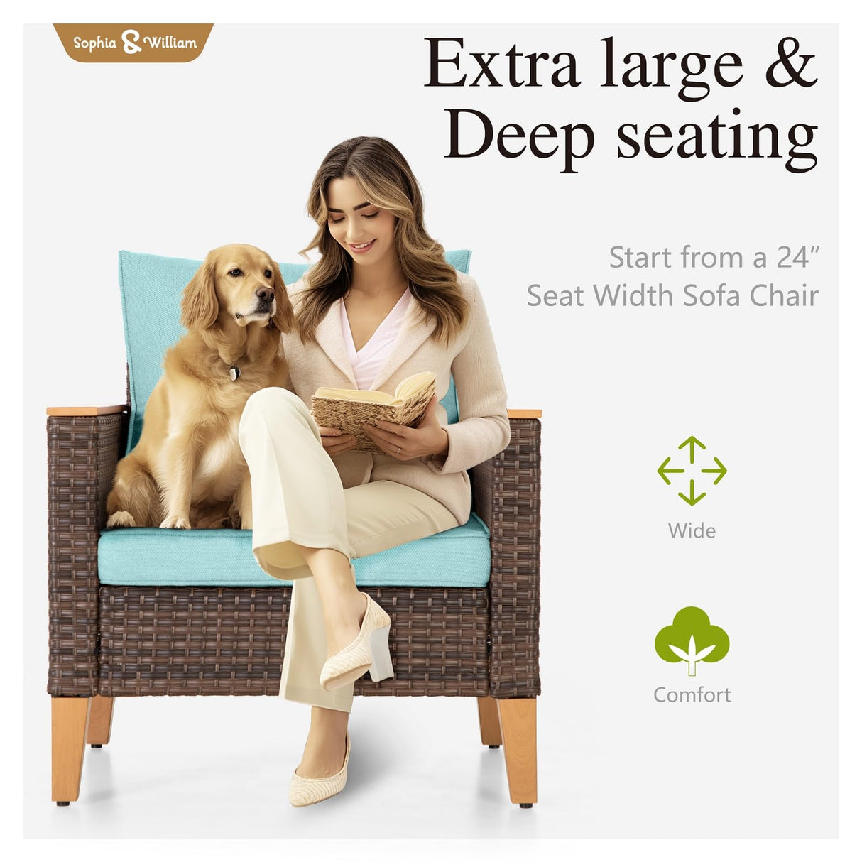 Sophia & William Patio Furniture Set with Fire Pit Table, 8 Piece Outdoor Wicker Conversation Set, Large Rattan Sectional Sofa with Ottoman & 56" Fire Pit Table(Aqua Blue) Sophia & William