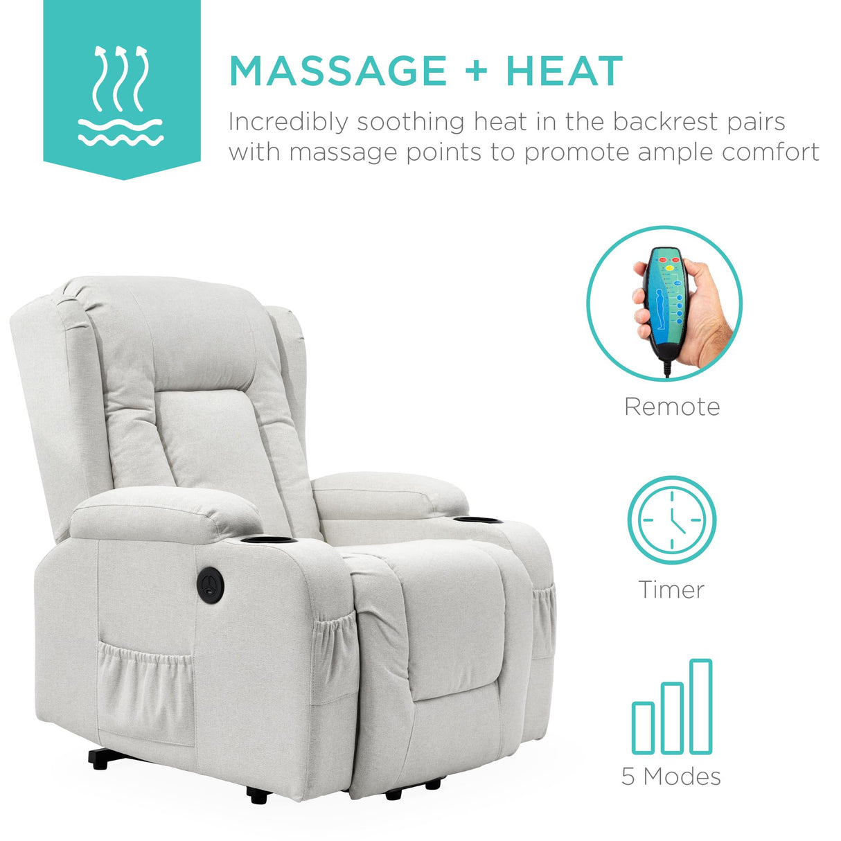 Best Choice Products Modern Linen Electric Power Lift Chair, Recliner Massage Chair, Adjustable Furniture for Back, Legs w/ 3 Positions, USB Port, Heat, Cupholders, Easy-to-Reach Button - Ivory Best Choice Products