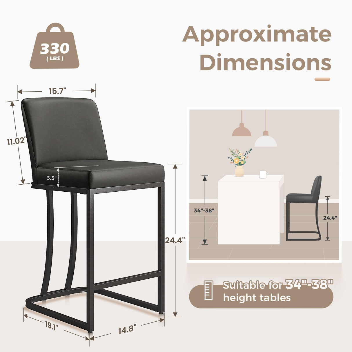 MAISON ARTS Counter Height Bar Stools with Back Set of 3 for Kitchen Counter, 24 Inch Modern Upholstered Faux Leather Barstools Farmhouse Bar Chairs Luxury Island Stools Support 330LBS, Grey MAISON ARTS