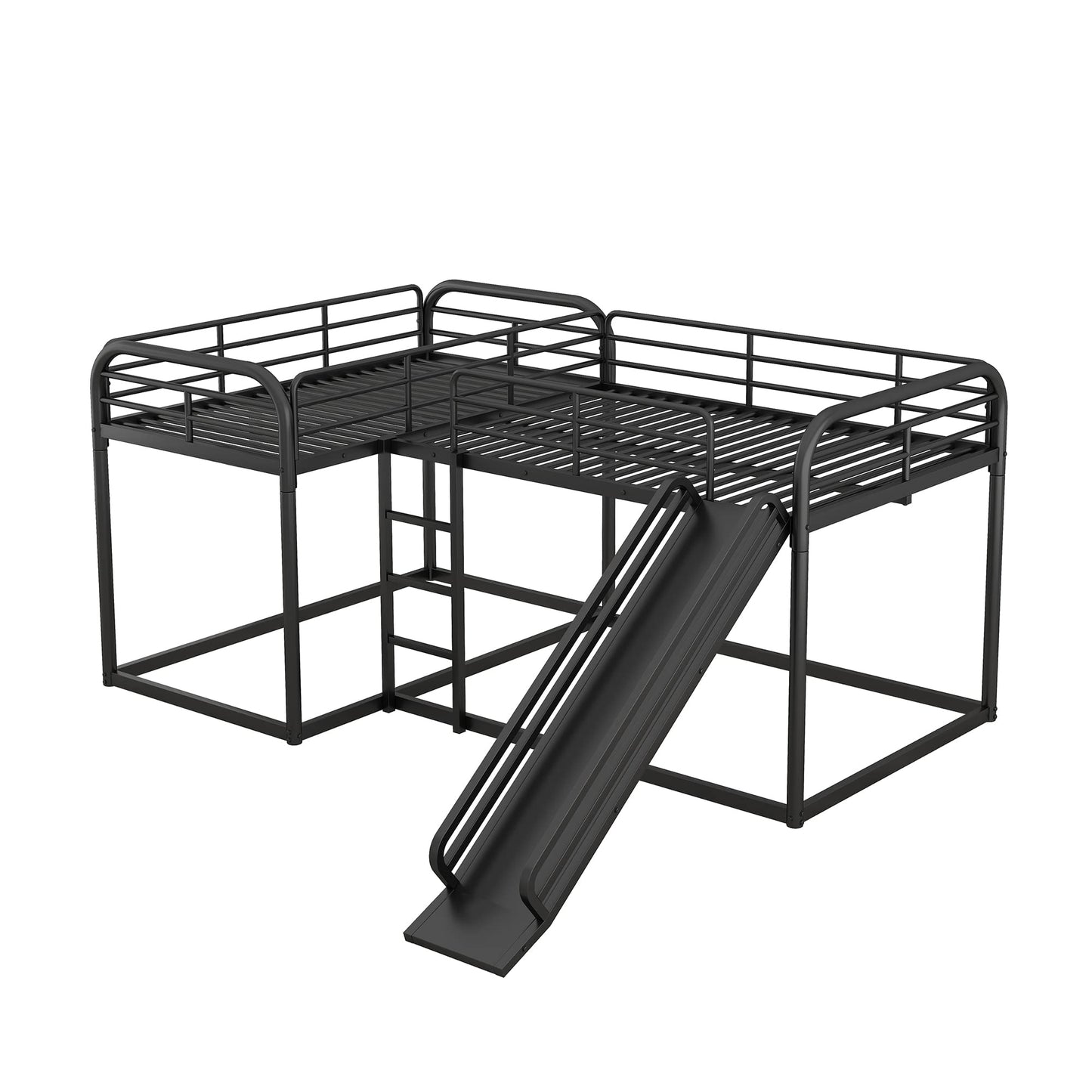 Harper & Bright Designs L Shaped Bunk Bed for 4, Quad Bunk Bed with Slide, Twin/Twin & Full/Full Bunk Bed, Metal Floor Bunk Bed Frame for Kids Teens Girls Boys, No Box Spring Needed (Black)