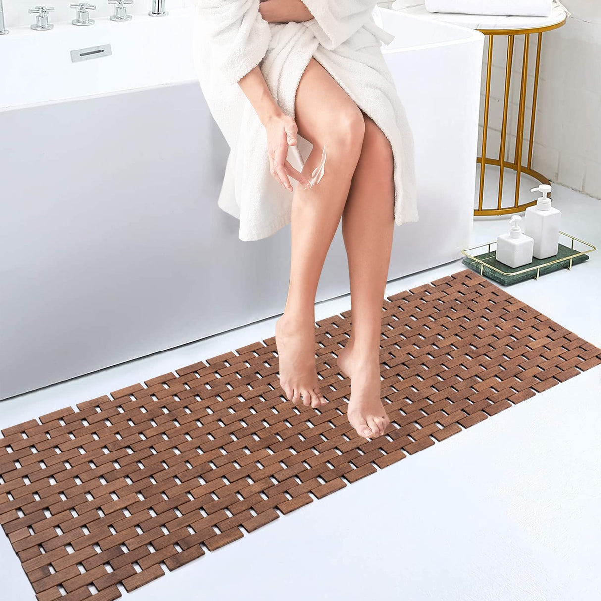 Fovlaurs Bamboo Bath Mat Bathroom Runner Long Large Rugs Floor Wood Shower Bathtub Waterproof Non Slip Accessories 16x48 Inch Easy to Clean, Walnut, 1 pc Fovlaurs