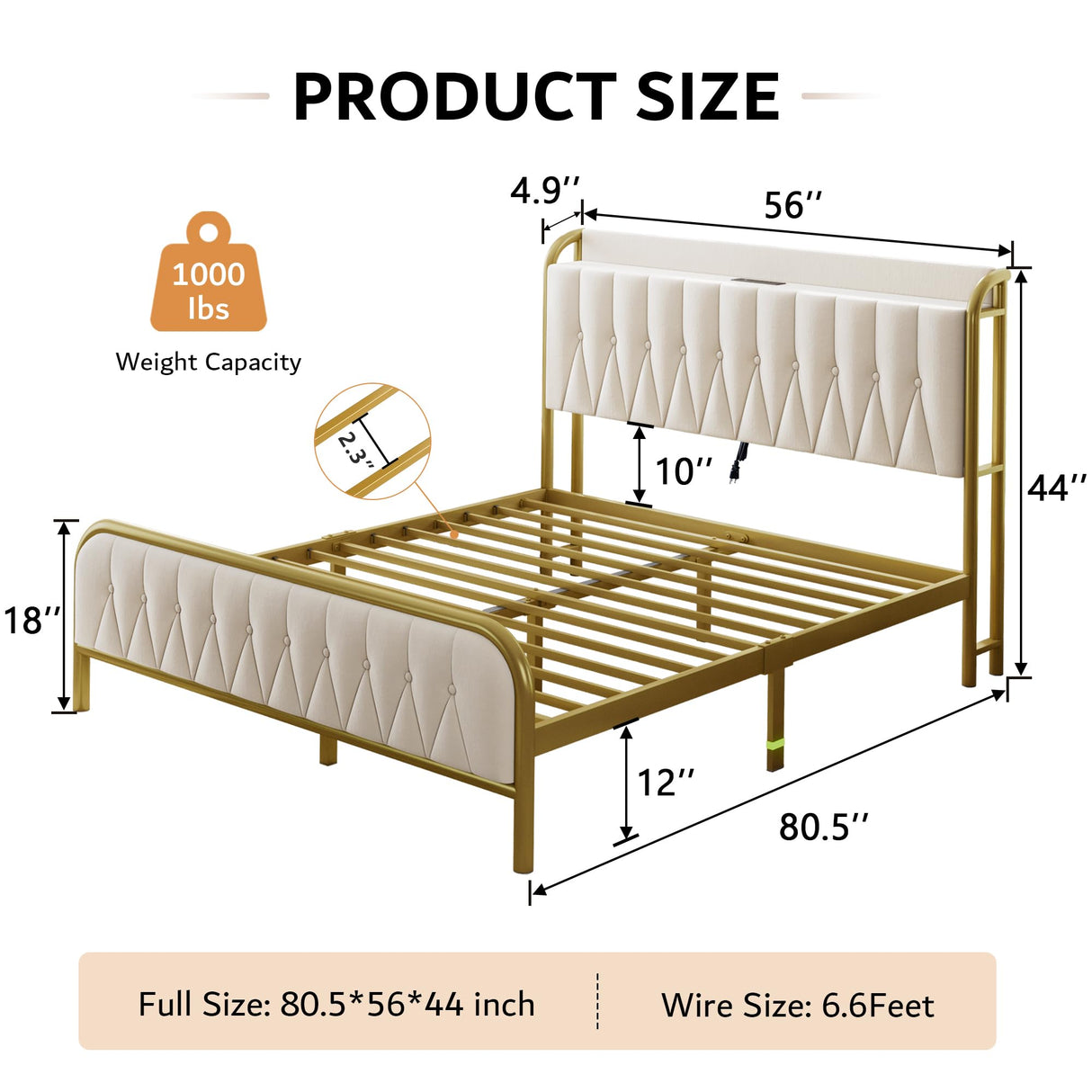 iPormis Full Size Metal Bed Frame with Charging Station, Velvet Upholstered Headboard and Footboard, Heavy Duty Steel Support, 12" Under Bed Storage, No Box Spring Needed, Easy Assembly, Beige iPormis