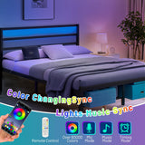 CLIBFENG Queen Bed Frame with Headboard,Heavy Duty Steel Slats Support-LED Bed Frame with USB Charging Station,Metal Platform Bed Frame-Under Bed Storage, No Box Spring Needed, Noise Free,Black CLIBFENG