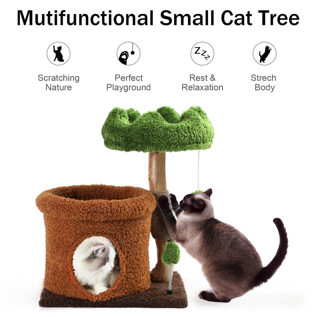Small Cat Tree for Indoor Cats Large Adult, Cats Climbing Tower with Scratching Post, Cat Condo, Green Wood Cats Tree, Flower Cat Trees, Modern Cute Cat Tree with Dangling Ball (Mnit Green) Yungaspy