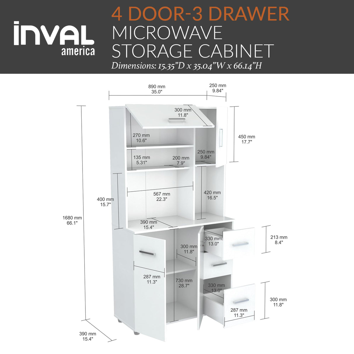 Inval, 71" H x 23.6" W x 17.1" D, White Kitchen Microwave Storage Cabinet with 3 Drawers, Kitchenette Standing Pantry Inval