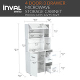 Inval, 71" H x 23.6" W x 17.1" D, White Kitchen Microwave Storage Cabinet with 3 Drawers, Kitchenette Standing Pantry Inval