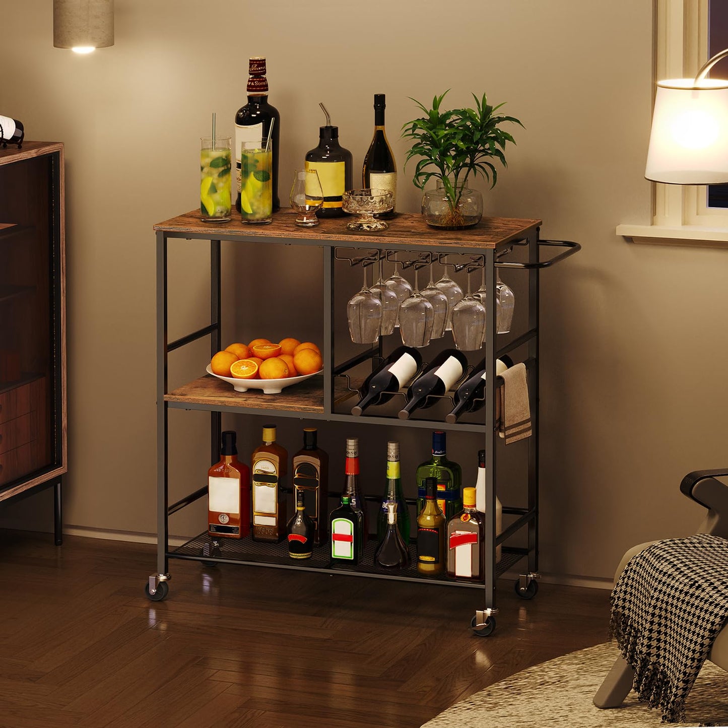 HOOBRO Bar Cart for The Home, 29.5 inches 3-Tier Serving Cart with Wheels, Rolling Kitchen Cart with Wine Rack and Glass Holder for Living Room, Party, Bar, Rustic Brown and Black BF21TC01G1 - WoodArtSupply