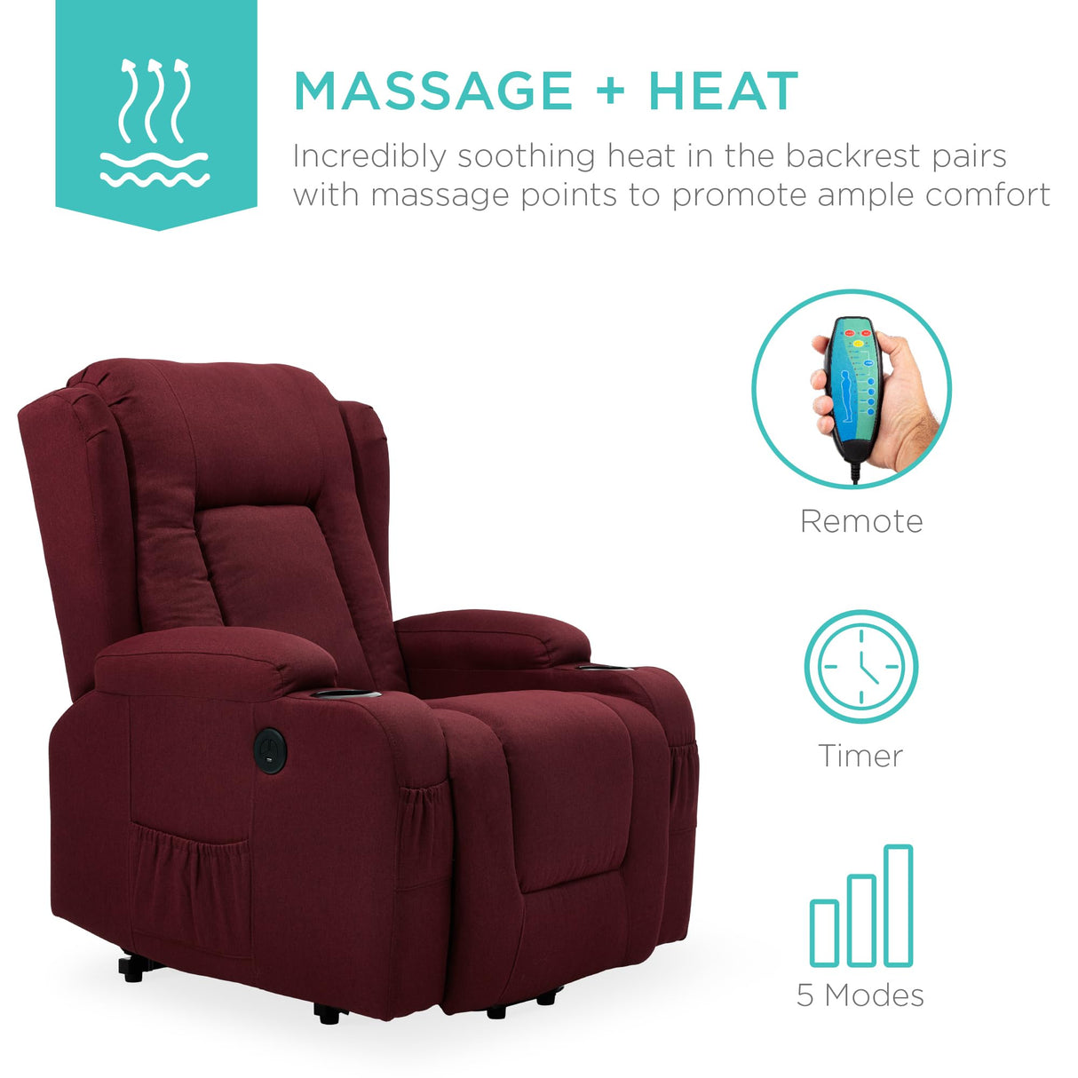Best Choice Products Modern Linen Electric Power Lift Chair, Recliner Massage Chair, Adjustable Furniture for Back, Legs w/ 3 Positions, USB Port, Heat, Cupholders, Easy-to-Reach Button - Burgundy Best Choice Products