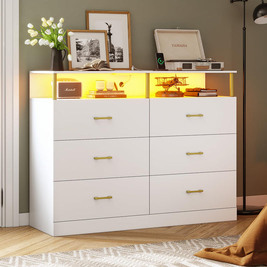 AOGLLATI White Dresser for Bedroom with 6 Drawers, Dressers & Chests of Drawers with Column Design & Charging Station, Modern Bedroom Led Wide Dresser for Bedroom Closet