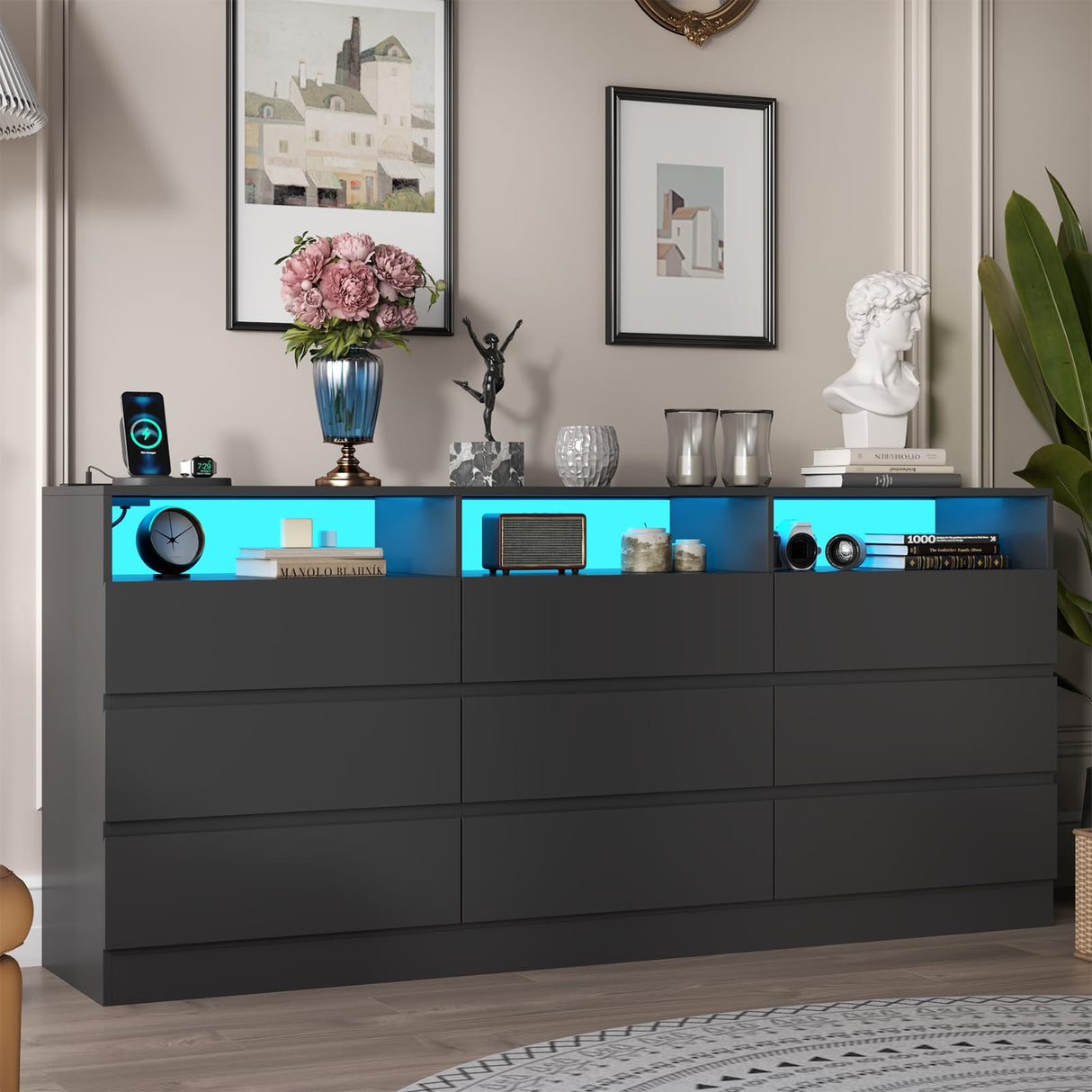 Loomie 9 Drawer Dresser with Power Outlet, Modern Chest of Drawers with LED Light, Long Wide Drawer Dresser Organizer Cabinet, Black Dresser for Bedroom, Living Room, Entryway Loomie