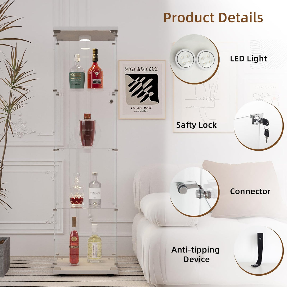 GDJAASJI Glass Display Cabinet with LED Light and Lock, 4-Shelf Curio Cabinets with 5mm Tempered Glass Floor Standing Bookshelf (64" Hx 16.7" W x 14.3" D, White) GDJAASJI