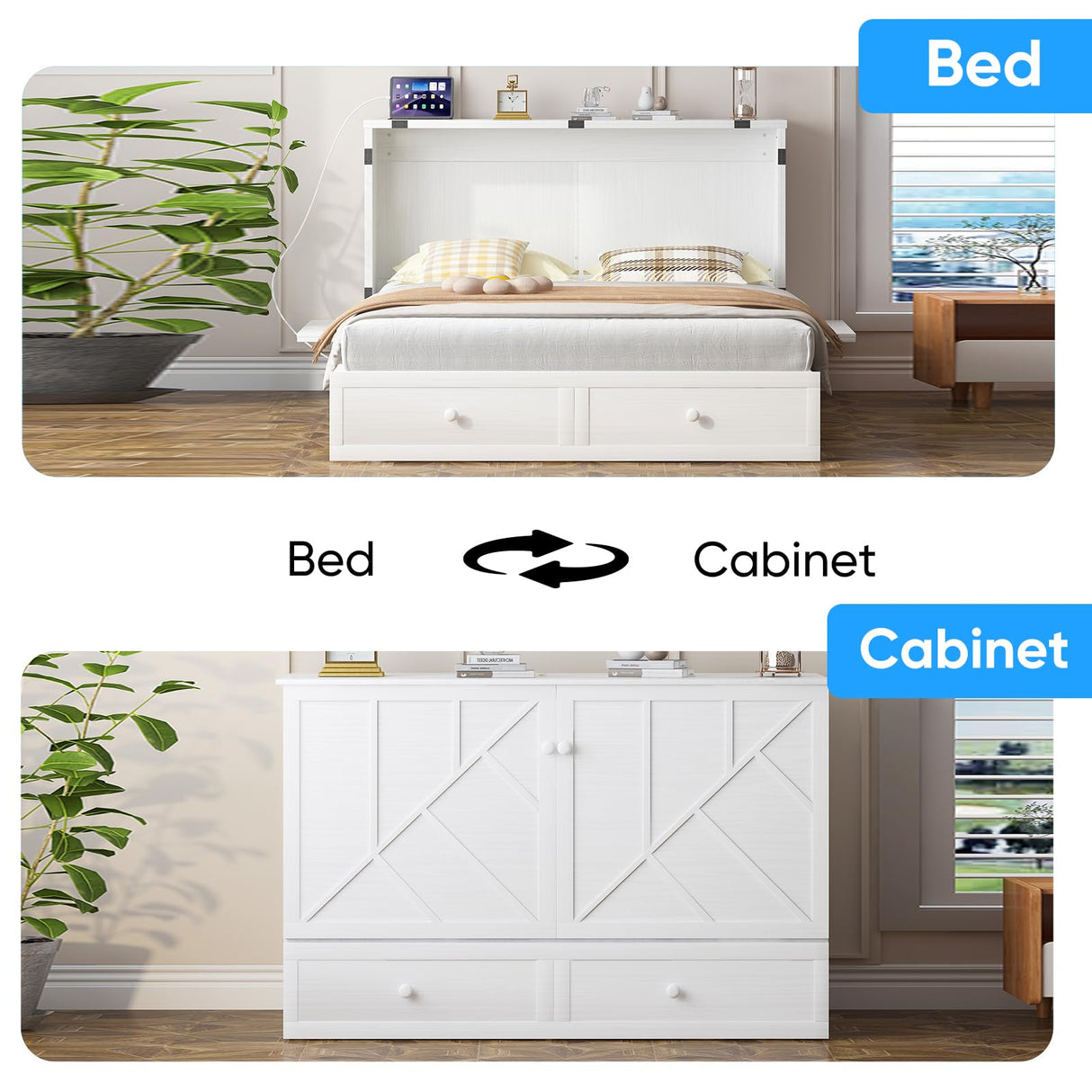 PUREMIND Murphy Bed Queen with Mattress Included - Solid Wood Hideaway Cabinet Bed with 2 Storage Drawers, USB Charging Ports & Headboard - Space-Saving Chest Beds for Home, Guest Room, White PUREMIND
