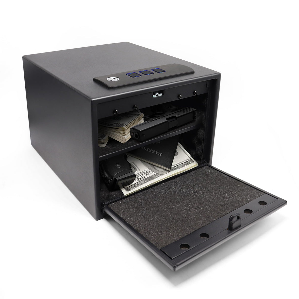 Gun Safe for Handgun with Quick Access Auto Open, Silent Mode, Full Foam Lining, Pistol Safe with Removable Shelf for Nightstand Home Bedside Car Office Use up to 4 Pistols Hosturn