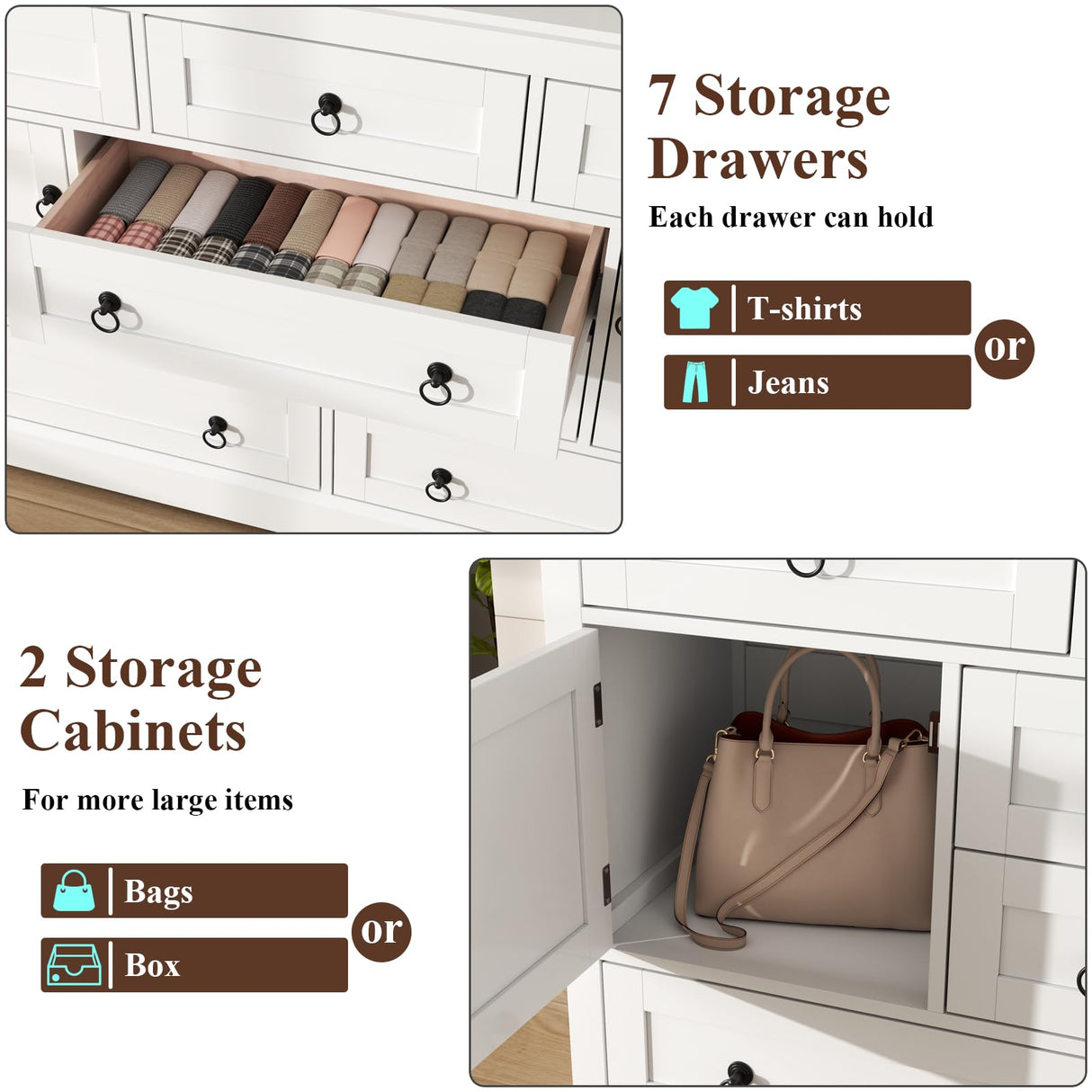 Gyfimoie Farmhouse 7 Drawer Dresser for Bedroom, Wood Chest of Drawers with 2 Doors, White Dressers with Round Metal Handle, Large Storage Dresser Organizer, Long TV Stand for Living Room, White Gyfimoie