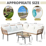 Homsido 4 Pieces Patio Sectional Furniture Chairs Set Boho Water-Resistant Outdoor Indoor Wicker Sectional Sofa Beige Woven PE Rattan Conversation Chat Set with Rect Side Table(White Cushions) Homsido