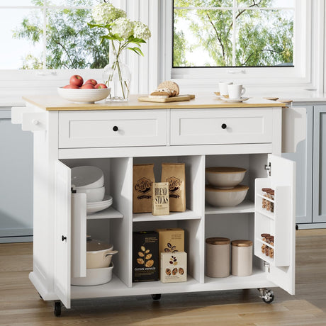 Vitalikus Kitchen Island with Storage and Drop Leaf, 53 Inch Large Rolling Kitchen Island Cart on Wheels, Portable Island Table for Kitchen with 2 Open Shelves 2 Drawers and 2 Cabinets, White Vitalikus