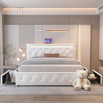 Benevika Full Size Bed Frame with 4 Drawers and LED Light, Charge Station, PU Leather Upholstered Platform Storage Bed with Adjustable Headboard, Wooden Slats Support, No Box Spring Needed, White