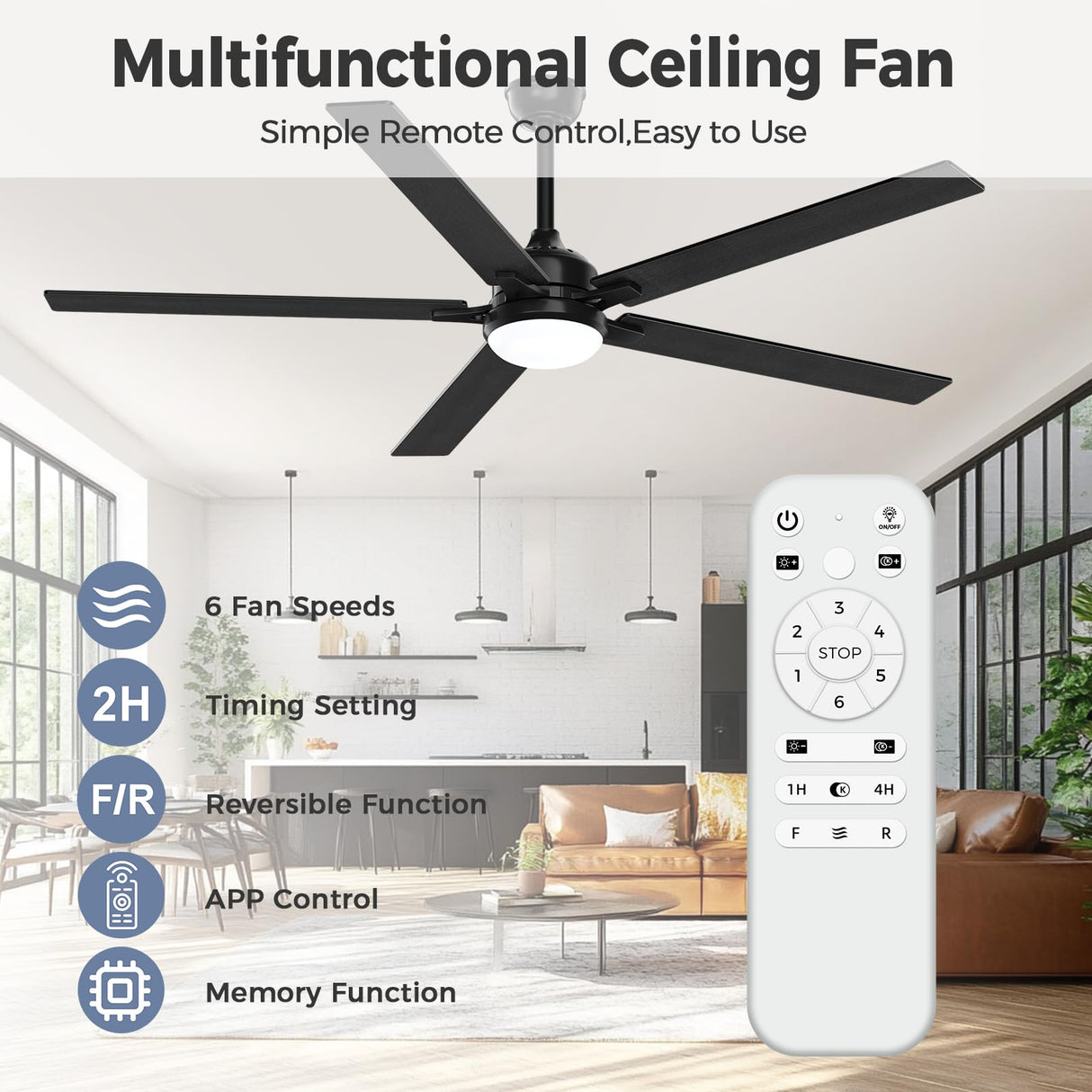 Acesal 72 Inch Ceiling Fans with Lights&App-Large Outdoor Ceiling Fan with Quiet DC Motor Dimmable 6 Speeds Timing Reversible Modern Industrial Ceiling Fan for Living Room Patio Indoor Outdoor-Black Acesal