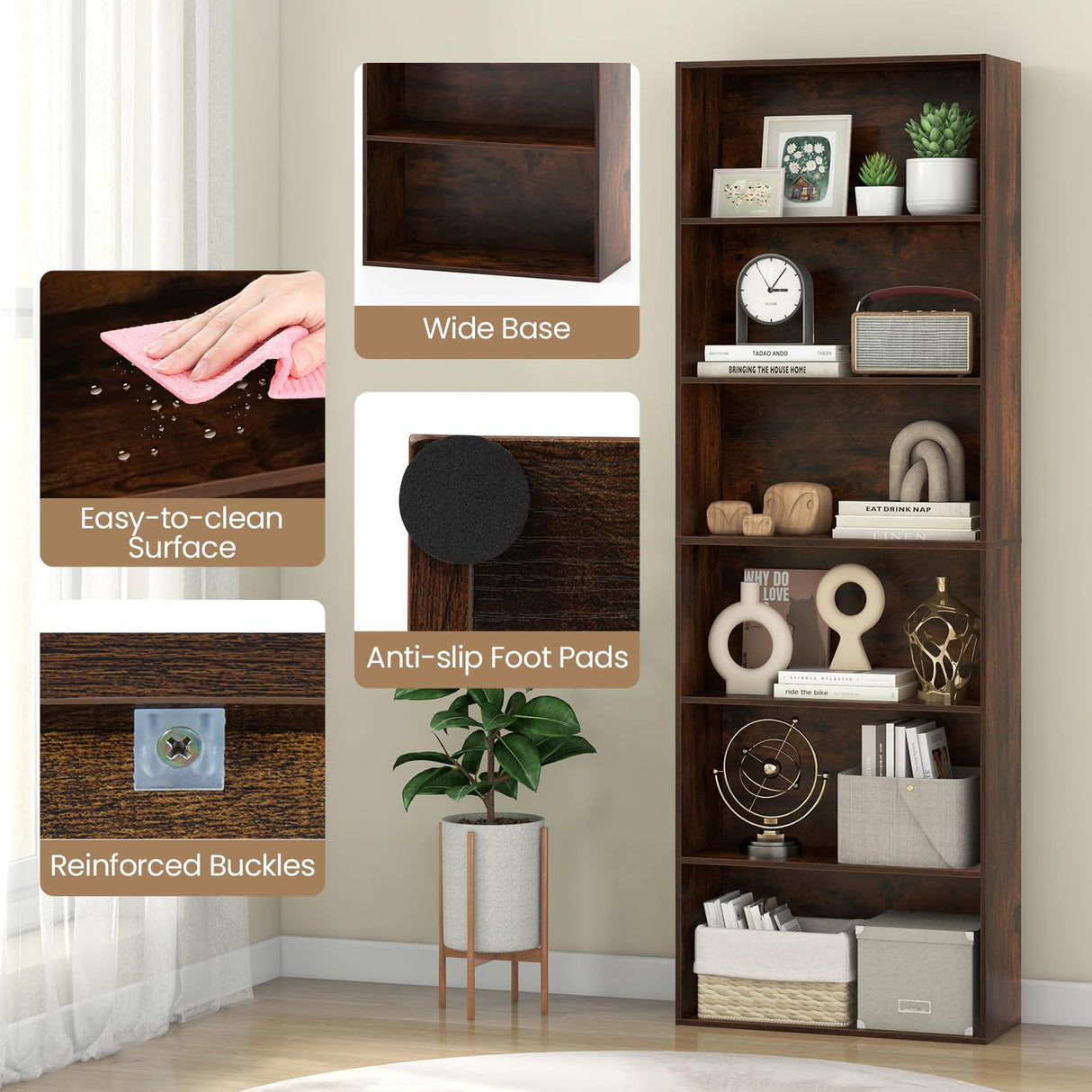 Giantex 6-Tier Bookcase, 70" Tall Wooden Bookshelf, Freestanding Storage Organizer w/Open Shelves, Anti-Tipping Kits, Modern Floor Standing Display Shelves for Living Room, Bedroom (1,Rustic Brown) Giantex