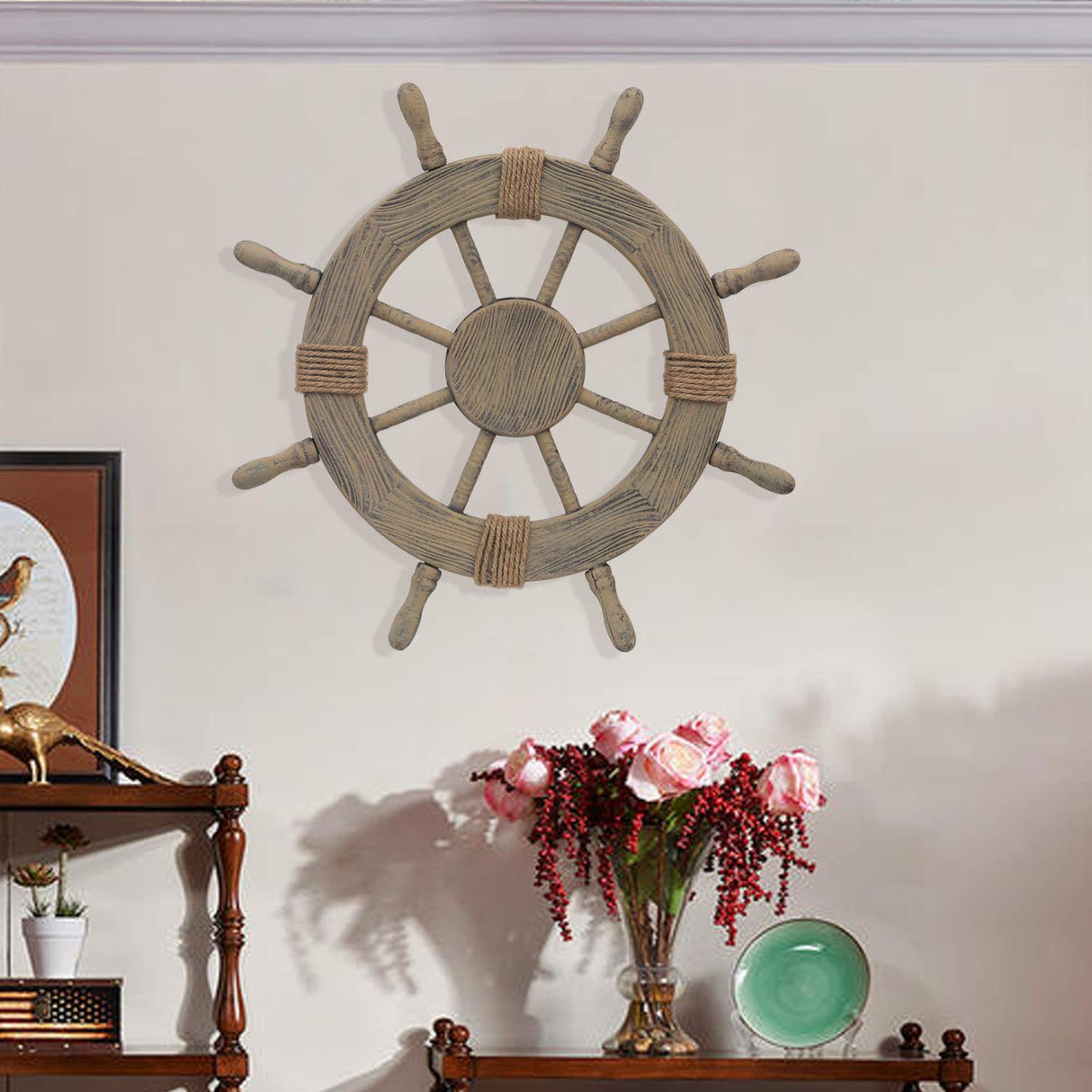 Asense Ornamental Wall Decoration Wooden Nautical Ship Steering Wheel, 24-inch, Brown Asense