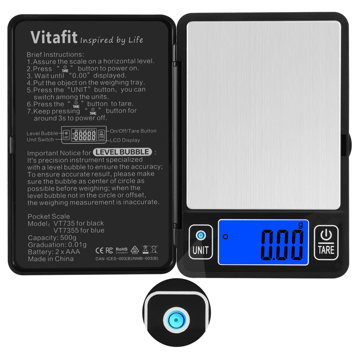 Vitafit 500g Digital Gram Scale in 0.01g, High Accuracy Assured by Built-in Level Bubble, Scale Professional Since 2001, Pocket Scale for Multi-Function: Kitchen, Food, Jewelry, Lab, Coffee, Black Vitafit