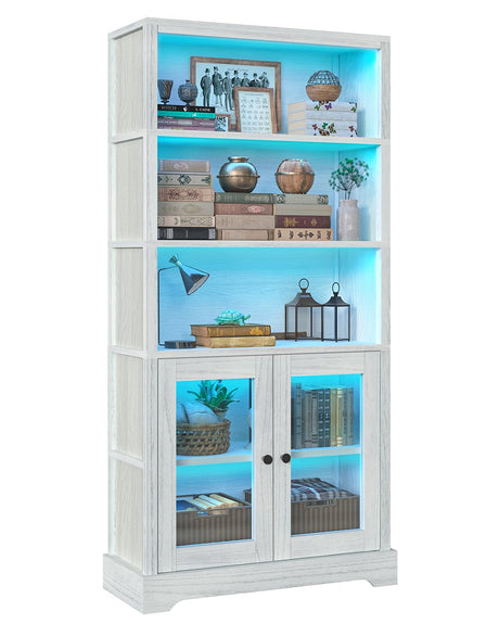 TVU 5-Tier Bookcase with Cabinet & LED, Wood 65 Inch Tall Bookshelf with Storage, Floor Standing Display Book Shelf for Living Room, Office, Study, Entryway (Antique White) TVU