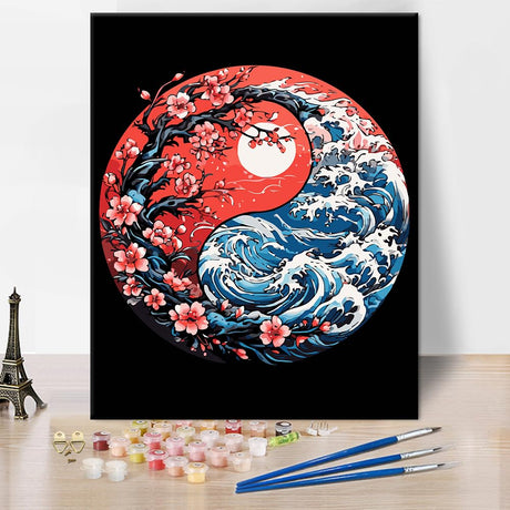 Yin and Yang Paint by Numbers Kit for Adults, Yin-Yang Waves and Cherry Blossoms DIY Paint by Numbers, Oriental Zen Art Paint by Numbers Kit for Adults Canvas Acrylic Painting 16x20 Inch Frameless Rebotipy