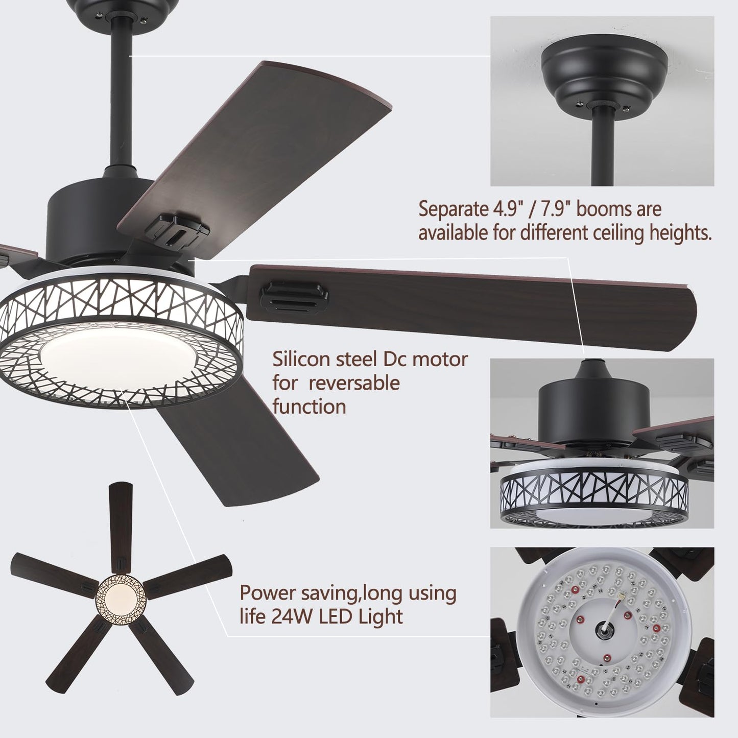 TRSIOPFC 52" Outdoor Ceiling Fan with Lights Remote Control,Dimmable Black Wooden Ceiling Fan with Reversible Quiet Motor 5 Blades 6 Speed For Patio Living Room, Bedroom, Office,Indoor Outdoo - WoodArtSupply