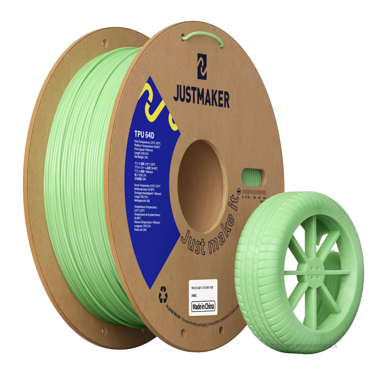 JUSTMAKER TPU 64D 3D Printer Filament, Flexible Materials with Superior Performance, Upgrade Cardboard Spool, 1kg, Dimensional Accuracy +/-0.05mm, 1.75mm, Green JUSTMAKER