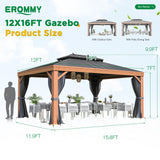 EROMMY 12' x 16' Hardtop Gazebo Outdoor Aluminum Wood Grain Gazebos with Galvanized Steel Roof and Mosquito Net for Patios, Deck, Backyard, Curtains&Netting EROMMY