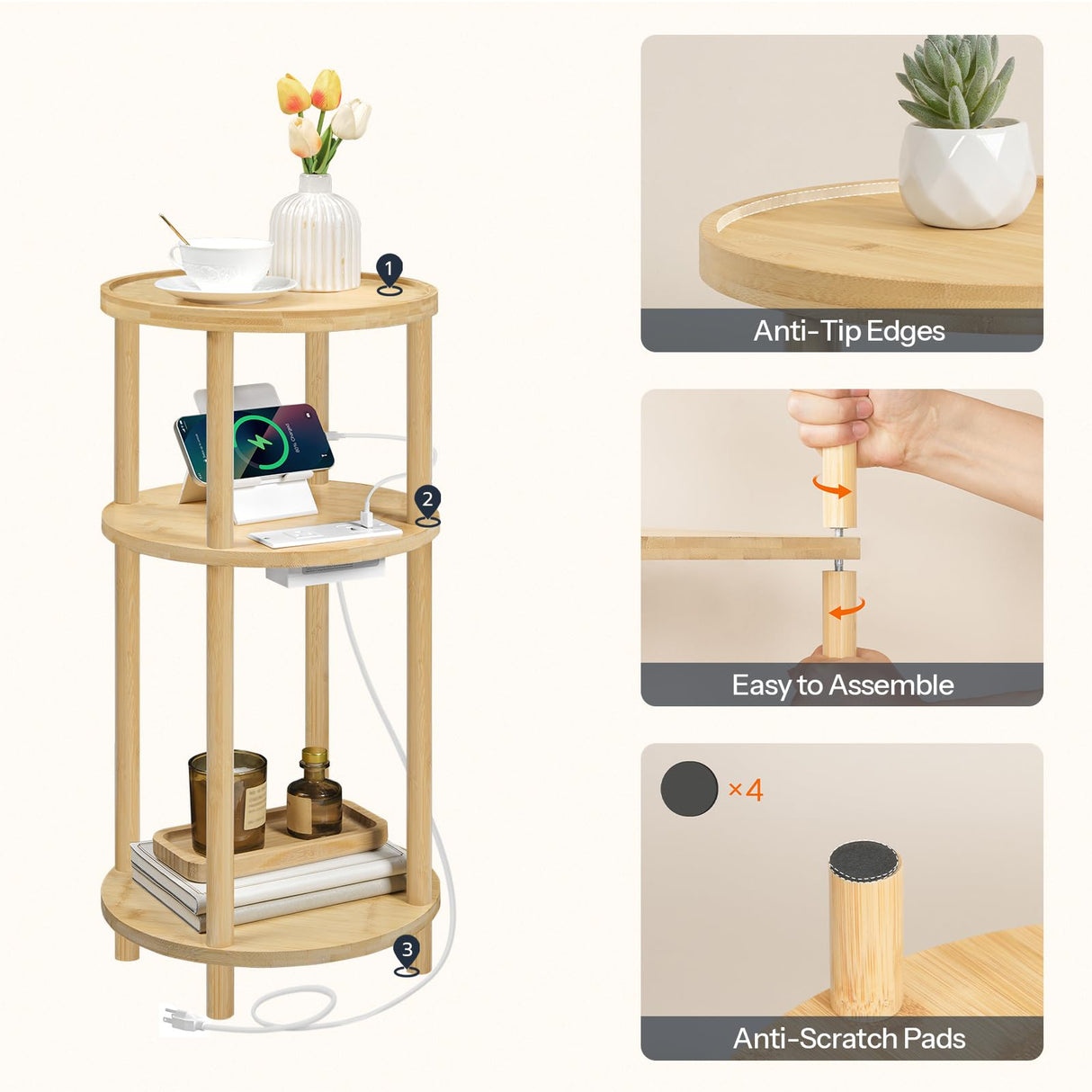 HOOBRO Small Round Side Table with Charging Station, 3-Tier Round Bamboo End Table, Compact Sofa Bedside Table for Small Space, Easy Assembly, for Living Room, Bedroom, Apartment, Natural YL152UBZ01 HOOBRO