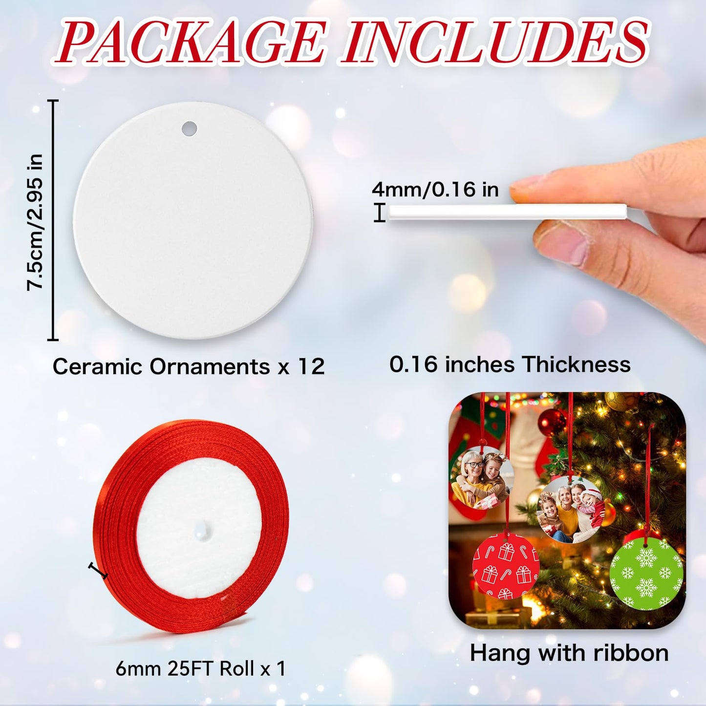 12PCS Sublimation Ceramic Ornaments - Sublimation Ornament Blanks Bulk with Christmas Ribbons - Ceramic Discs Ornament for Heat Press - Double-Sided Printing - Xmas Tree Decorate Crafts Gift