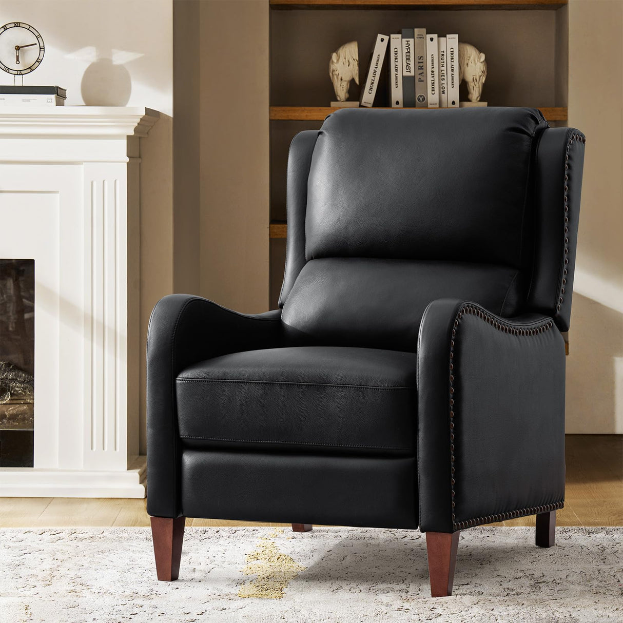 HULALA HOME Leather Recliner Chair, Modern Push Back Recliner Chair with Adjustable Backrest & Footrest, Casual Single Leather Sofa, Comfy Upholstered Club Chair for Living Room, Bedroom, Black HULALA HOME