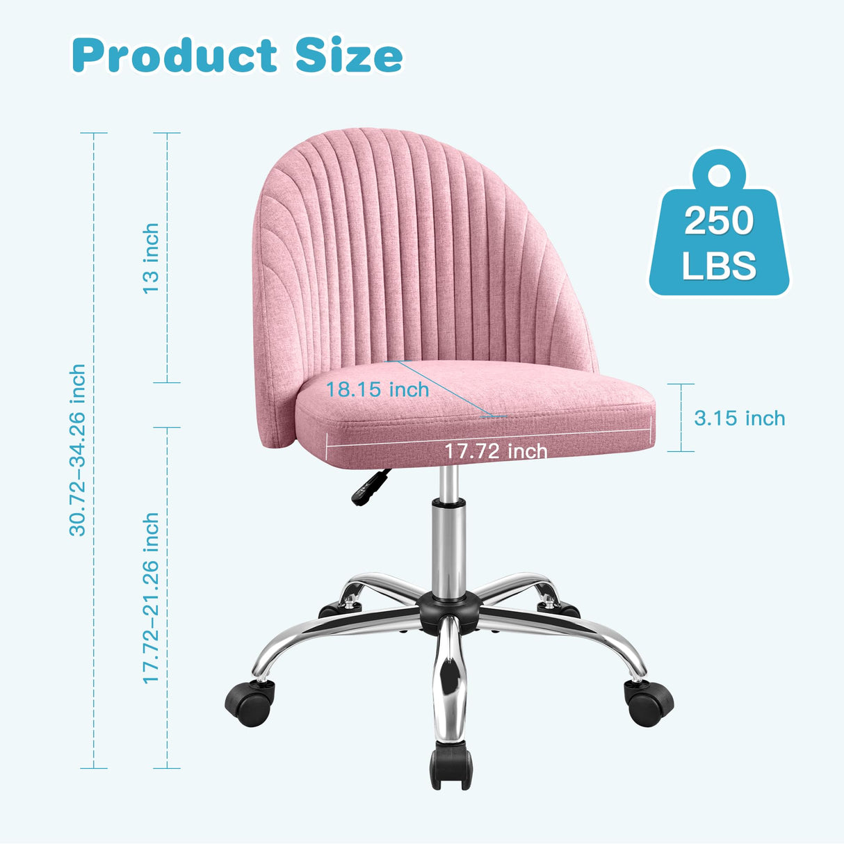 Furniwell Office Chair Armless Cute Desk Chair Modern Adjustable Swivel Padded Fabric Vanity Task Computer Chair Home Office Desk Chairs with Wheels (Pink) Furniwell