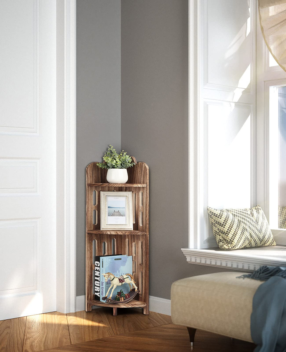 Meangood 3-Tier Rustic Corner Shelf Stand in Carbonized Black - Solid Wood Display for Small Spaces Meangood