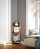 Meangood 3-Tier Rustic Corner Shelf Stand in Carbonized Black - Solid Wood Display for Small Spaces Meangood