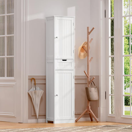 Iwell Tall Bathroom Cabinet, Storage Cabinet with 2 Doors & 1 Drawer, Freestanding Linen Cabinet with Adjustable Shelves, Floor Cabinet for Bathroom, Living Room, Home Office, White Iwell