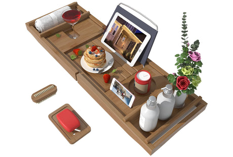 Bath Caddy Tray for Bathtub - Bamboo Adjustable Organizer Tray for Bathroom with Free Soap Dish Suitable for Luxury Spa or Reading(Walnut) Bamfan