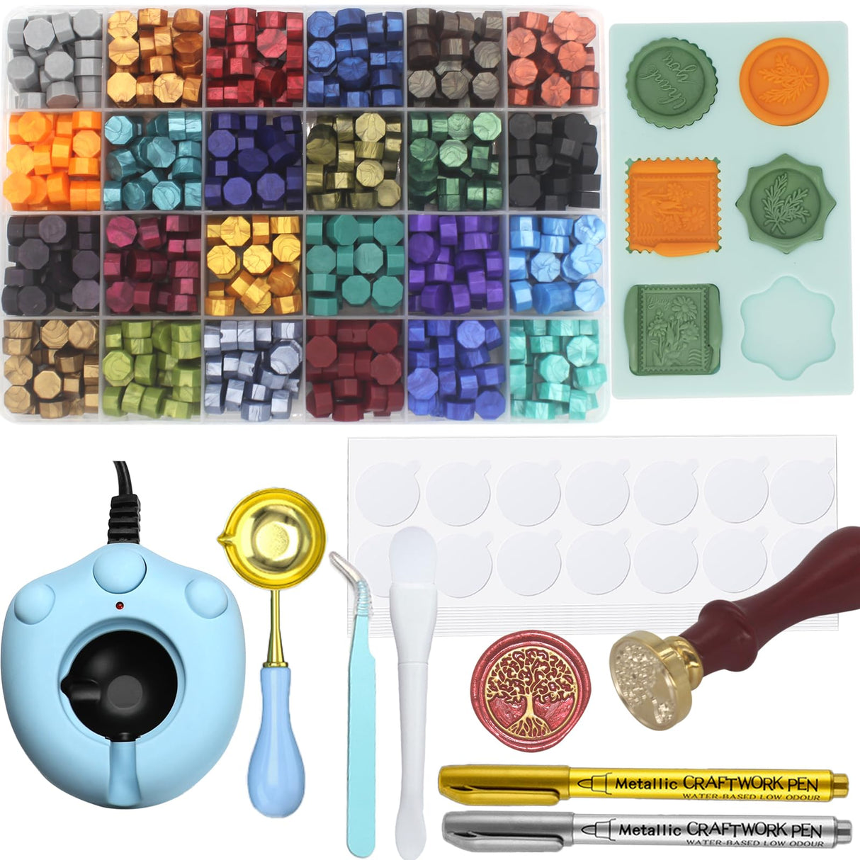 Andotopee Wax Seal Kit With 24 Colors Envelope Stamp Seals Beads 600pcs, Tree of Life Sealing Stamp, Electric Wax Seal Warmer Set, Silicone Mold, Metallic Pen, 120 Removable Sticky Dots, Spoon Cleaner Andotopee