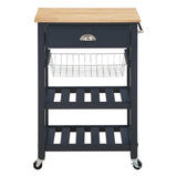 OSP Home Furnishings Hampton Kitchen Cart with Wood Top, Utensil Drawer, Under Cabinet Basket, and 2 Slatted Shelves, Blue Stone Base Office Star Products