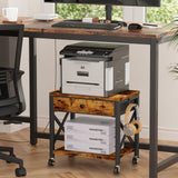 EasyCom 2-Tier Desktop Printer Stand with Large Drawer, Under Desk Printer Table with Wheels, Small Printer Shelf with Storage for Paper Storage Printer Scanner Fax Home Office Use Rustic Brown EasyCom