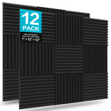 JBER 12 Pack Acoustic Foam Panels, 1" X 12" X 12" Sound Proof Foam Panels for Walls, High Desnsity Studio Soundproofing Wedges - Fire Resistant & Noise Absorbing for Studio, Office, Home (Black) JBER