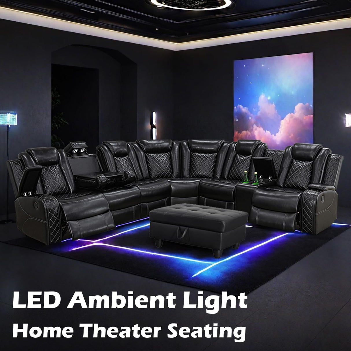 SIENWIEY Black Leather Reclining Sectional Sofa Set with Storage Ottoman,Power Recliner Sectional Couch with LED Lights,Recliner Sofa Set for Living Room Apartment Office SIENWIEY