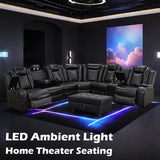 SIENWIEY Black Leather Reclining Sectional Sofa Set with Storage Ottoman,Power Recliner Sectional Couch with LED Lights,Recliner Sofa Set for Living Room Apartment Office SIENWIEY